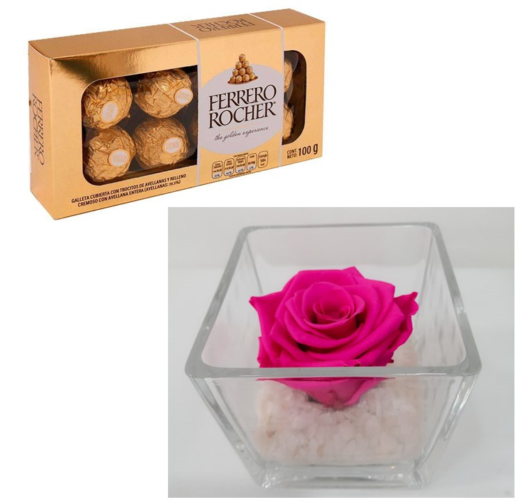 Rosa Preservada en Cubo y Bombones Ferrero Rocher 100grs